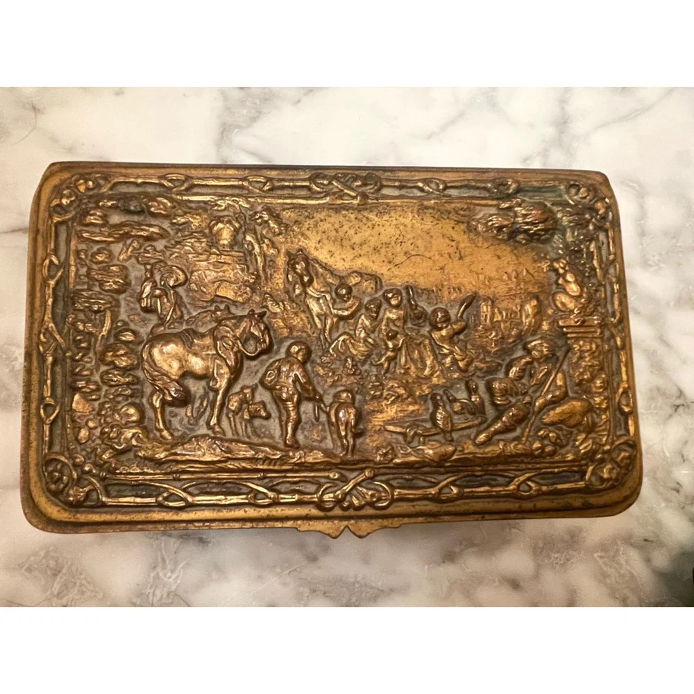 Antique Jennings Brothers Gilt Bronze Jewelry Trinket Box Relief Scene c.1900